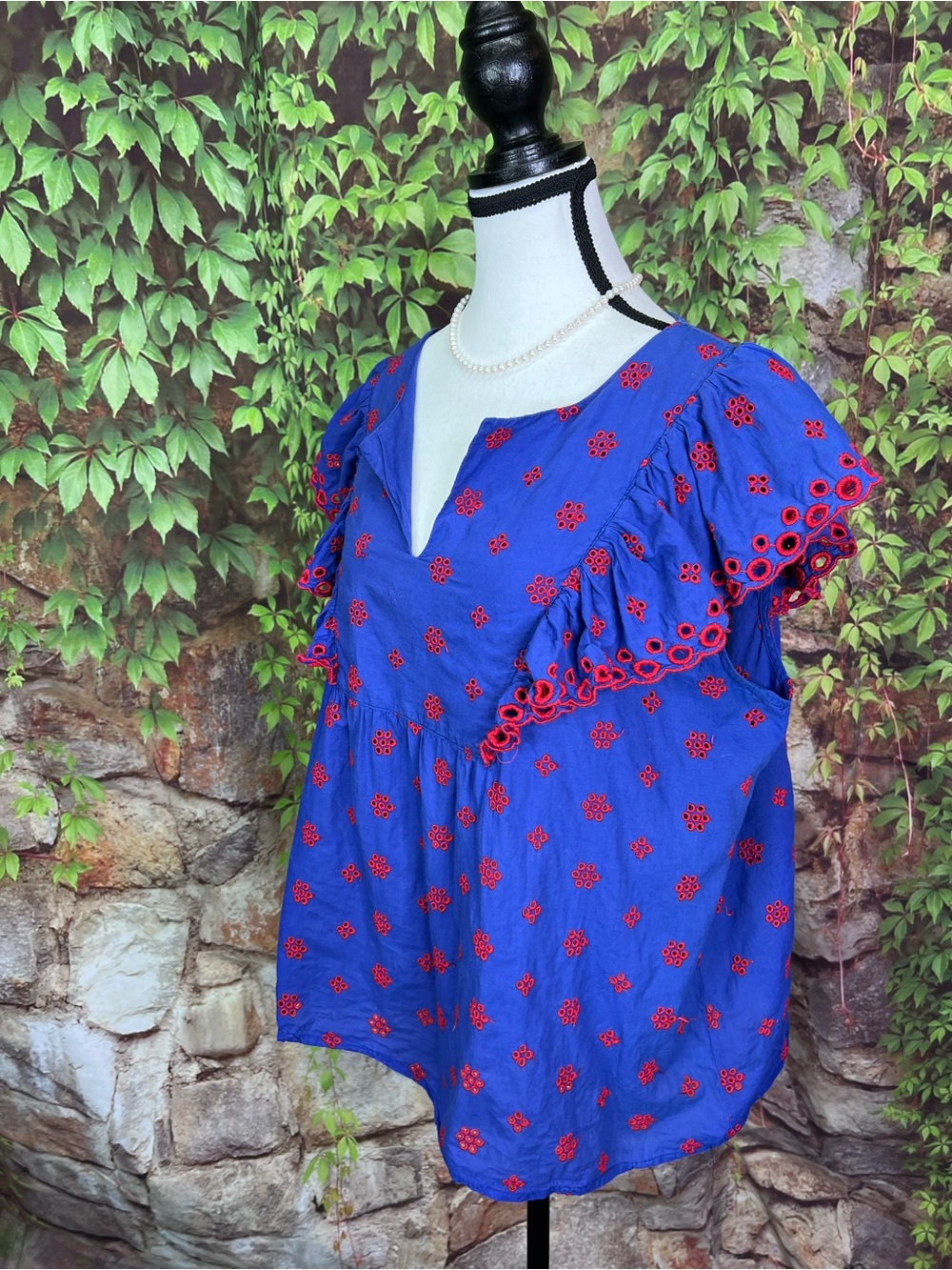 JW STYLE Bohemian Resortwear Blue Ruffled Sleeve Tope with Red Embroidery, XL - Picture 5 of 12